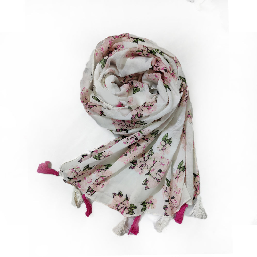 Floral Print Rusari- White & Pink