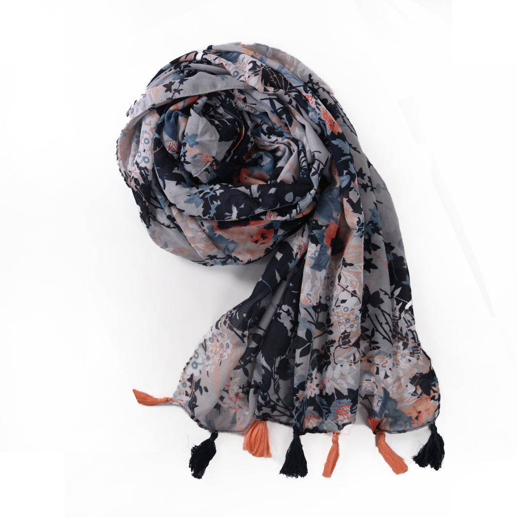 Floral Print Rusari- Grey & Blue